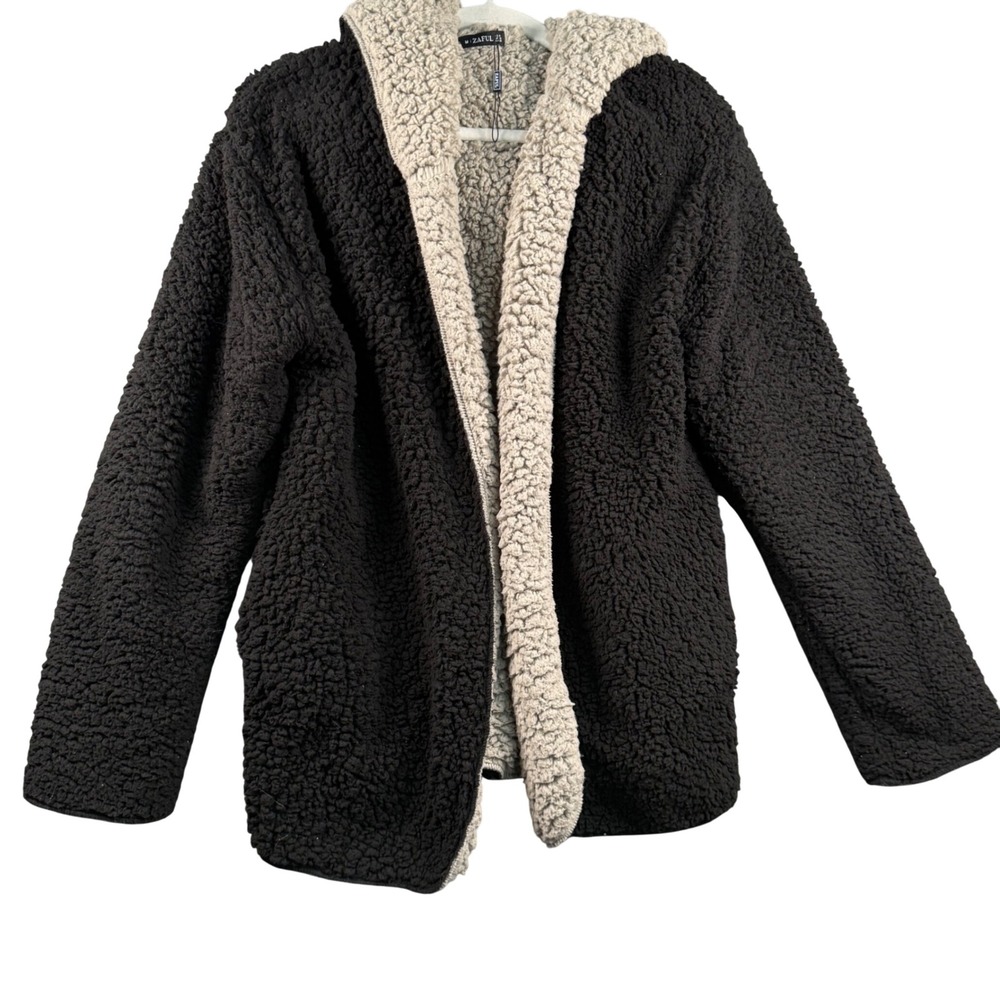Zaful Medium Reversible Teddy Fleece Hooded Jacket Black Tan Pockets Oversized